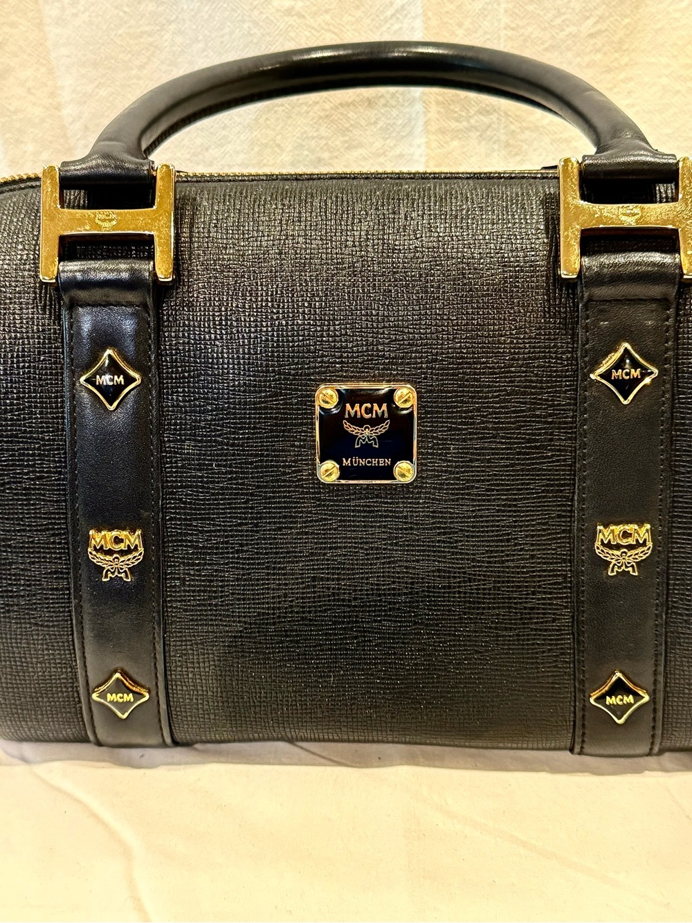 MCM Black Saffiano Textured Leather Boston Bag with Gold Hardware - Picture 3 of 10